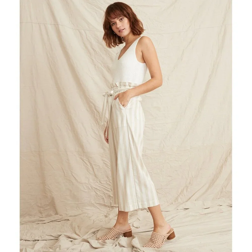 Marine Layer Caroline Pant Tan/White Stripe Small Wide Leg Capri Hemp Worn Once! - Picture 3 of 10